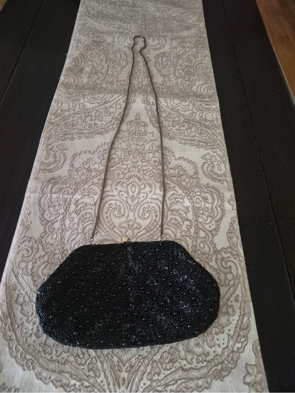 Vintage Black Beaded Evening Clutch with Chain Strap